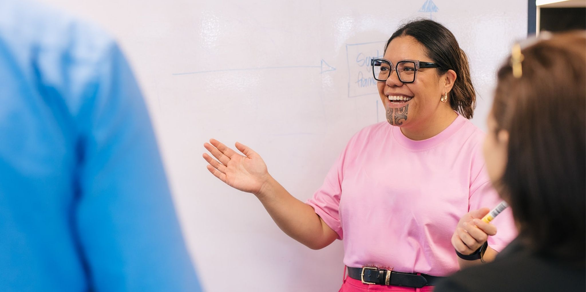 Person standing at whiteboard presenting