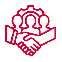 two hands shaking in front of three figure heads